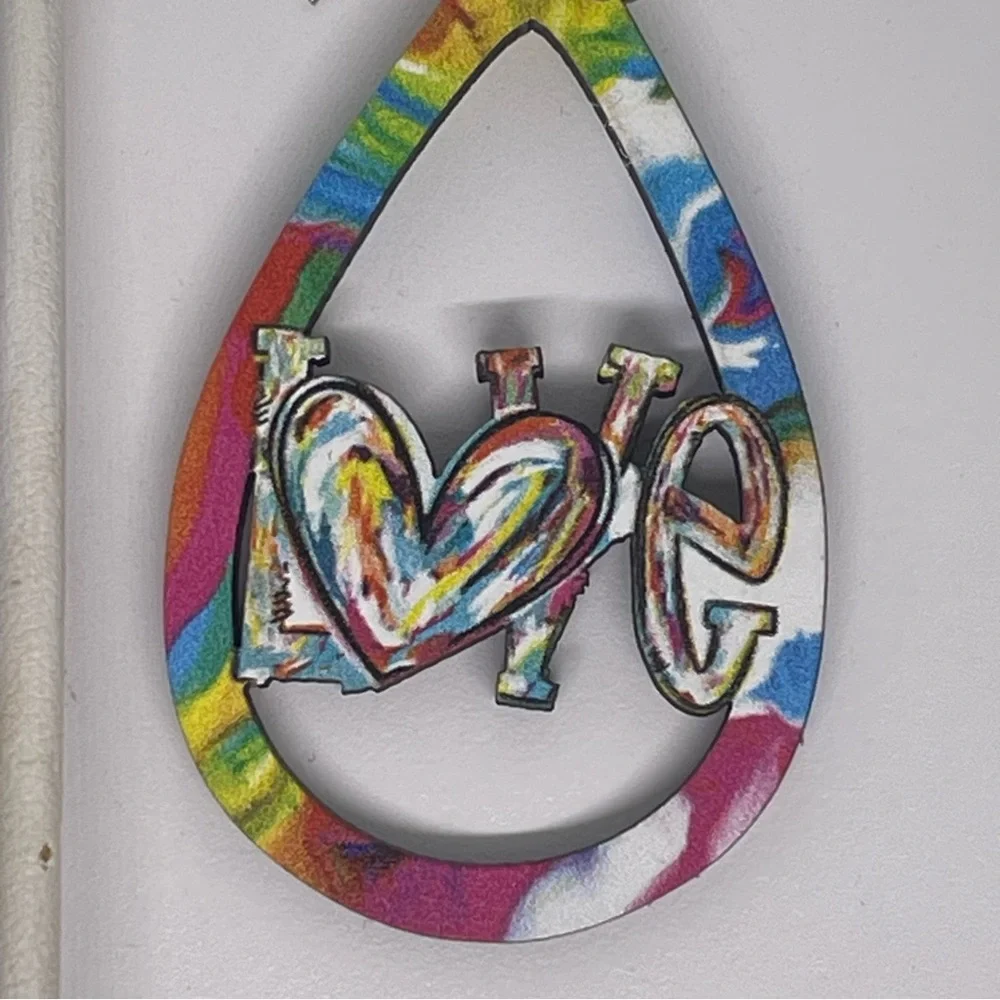 Colorful wooden painted Love Teardrop Earrings